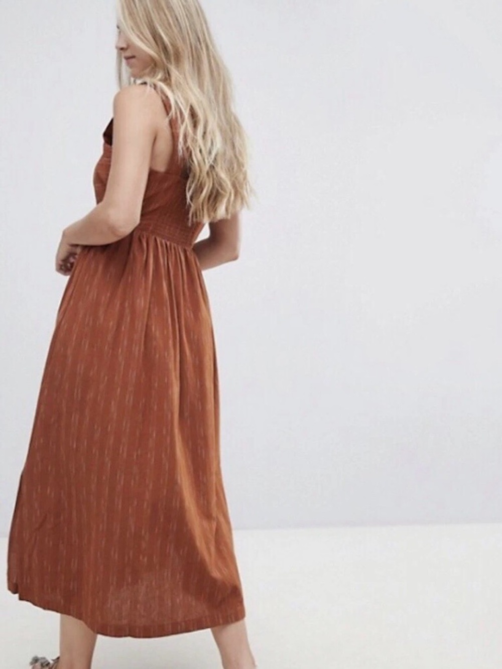 Free People Caldasi Cotton Printed Midi Dress Bronze Smocked Crop Top Size XS - Picture 3 of 7